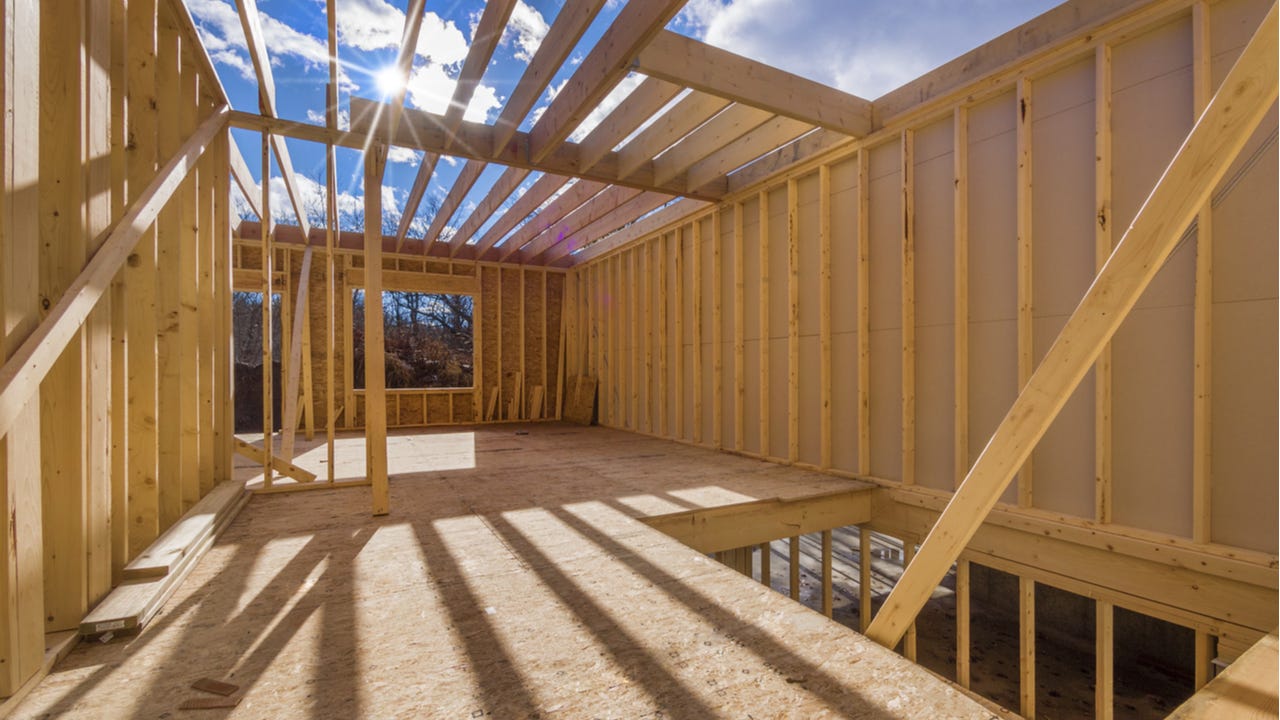A new-construction home is framed out.