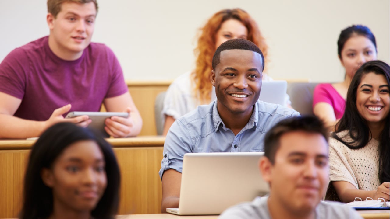 Students in a college lecture hall