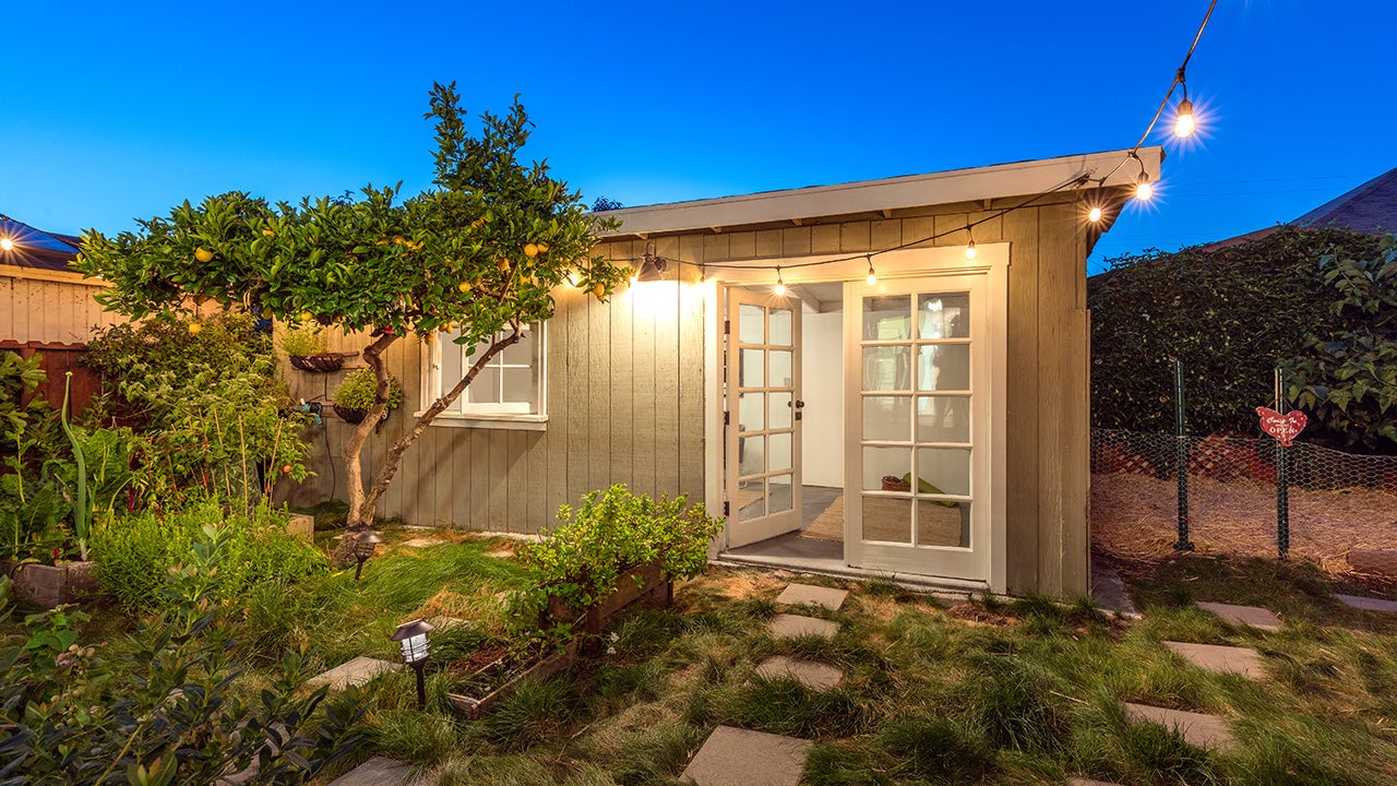 Modern Tiny Home Guest House at twilight.
