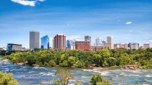 The skyline of Richmond, Virginia, over the James River