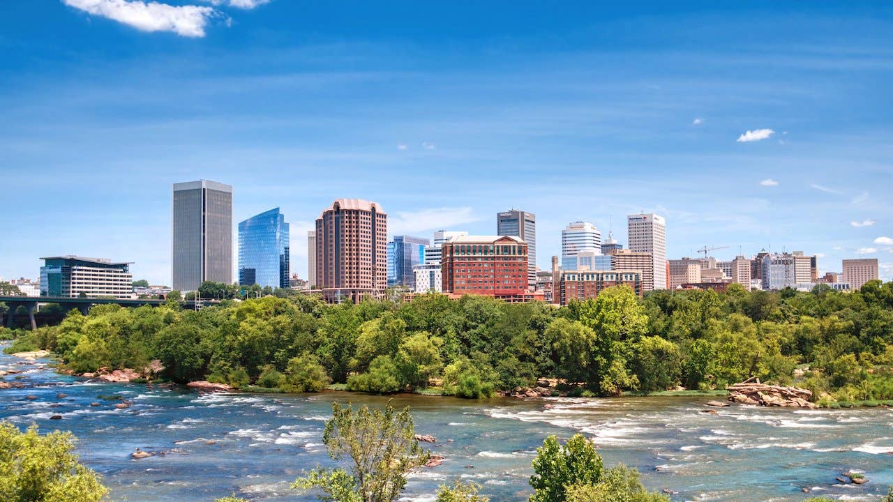 The skyline of Richmond, Virginia, over the James River