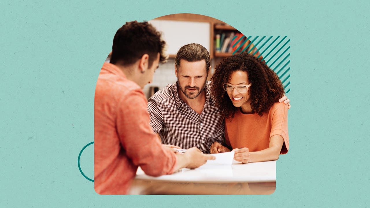 Mixed-race couple is discussing their finances with a professional. There is a graphic overlay with some solid colors and design elements to make the image pop.