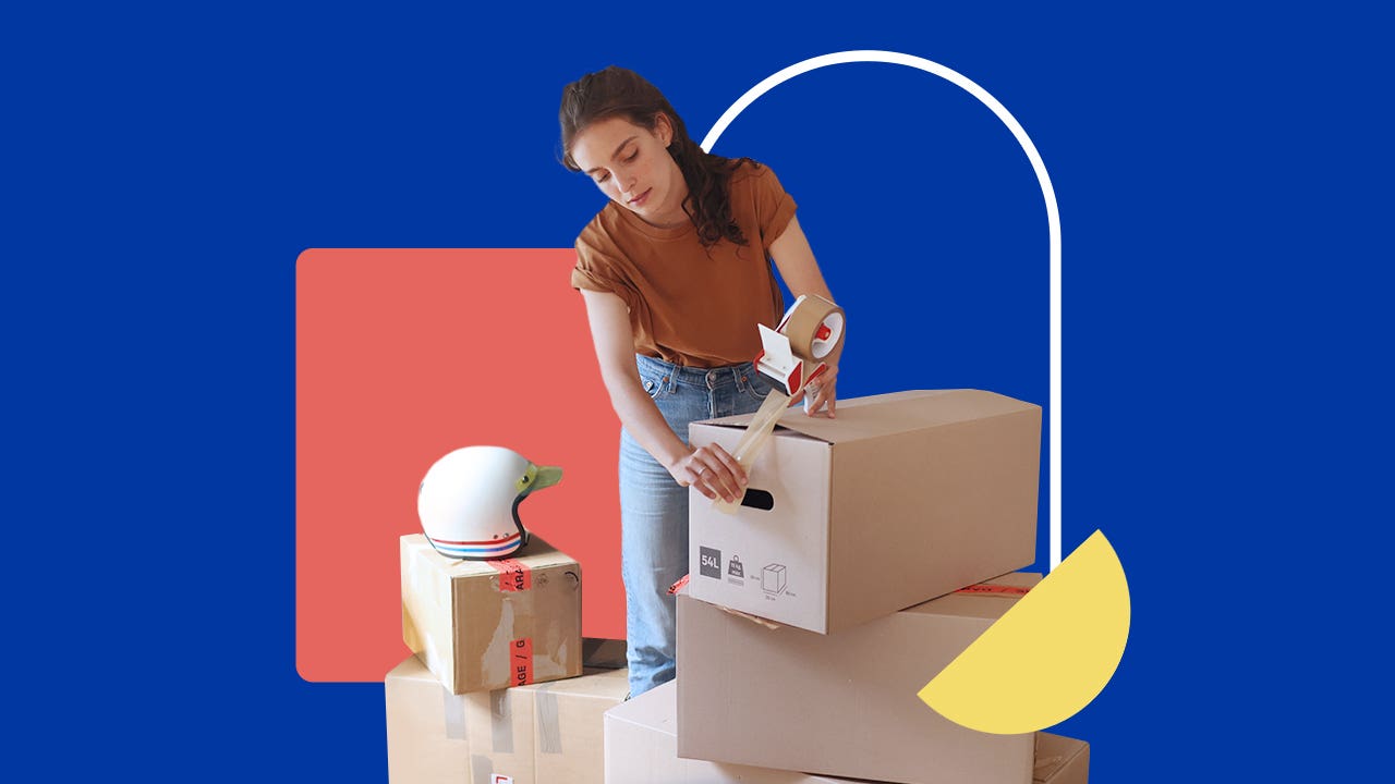 Illustration. Woman taping boxes shut.