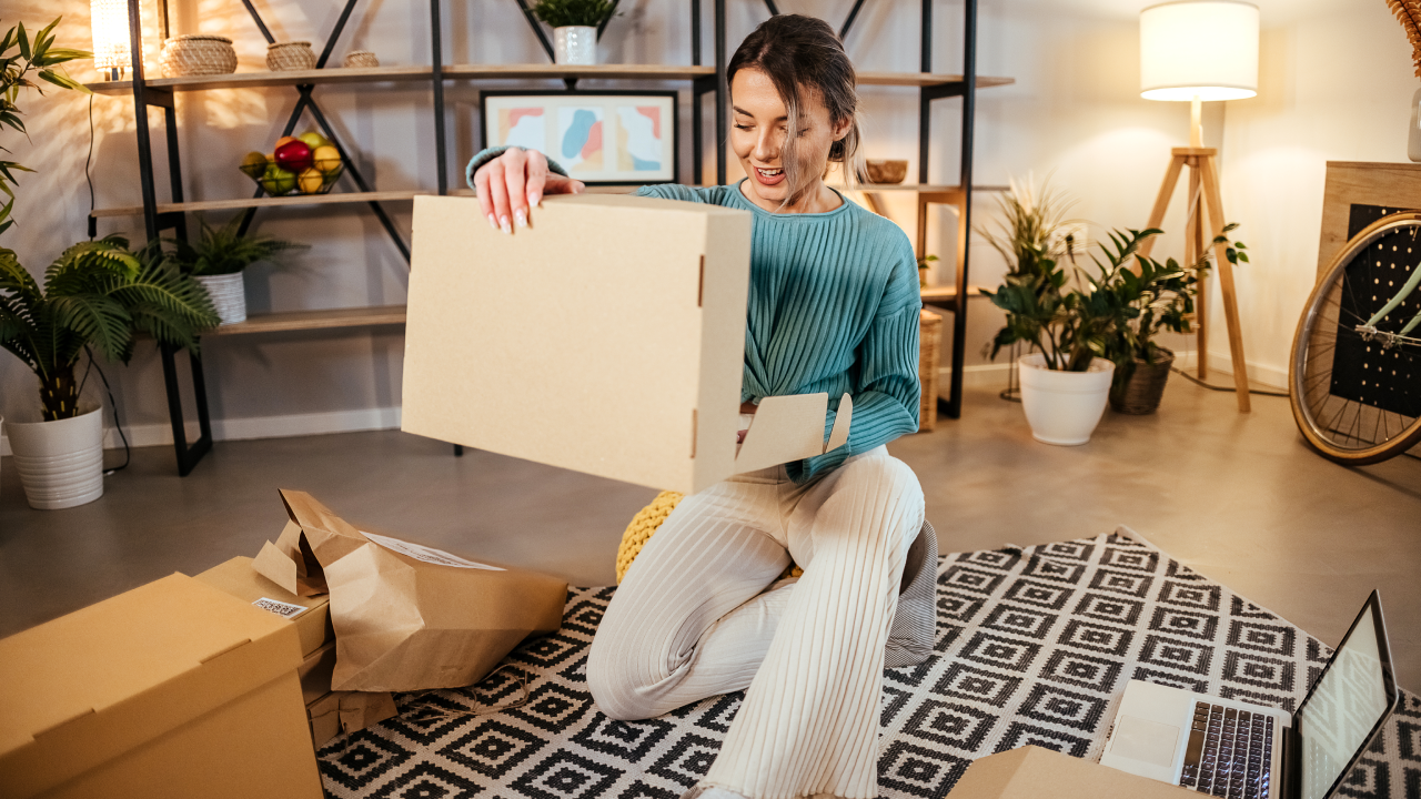Young adult woman sits in the living room and opens a package
