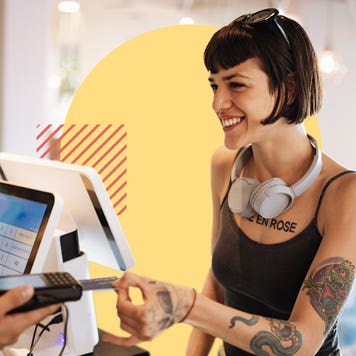 design element including a women handing a card to pay at the register