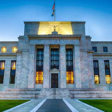 The Federal Reserve Building in downtown Washington DC, USA at night.