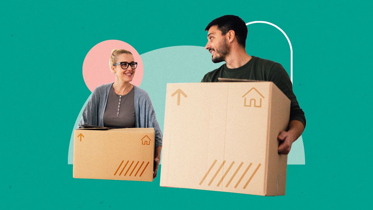 Illustrated image with two people carrying boxes