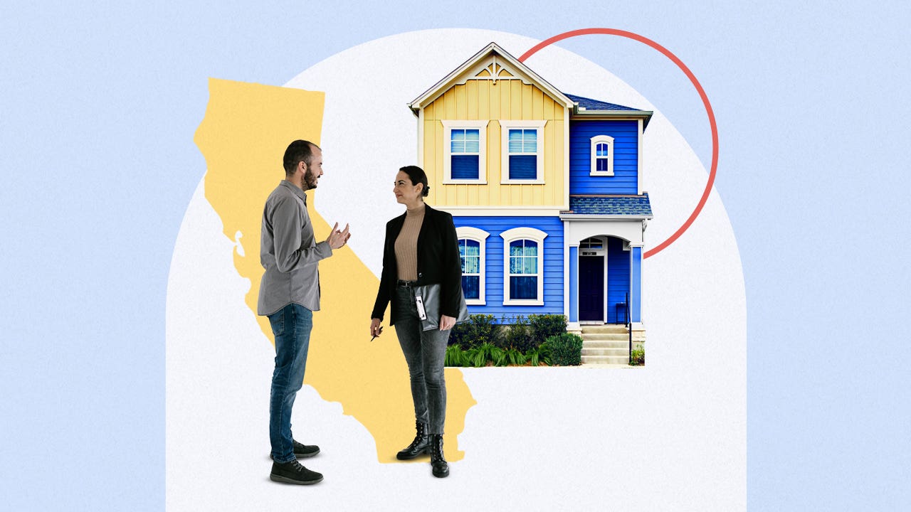 Image collage featuring illustrations, a house, and two people chatting