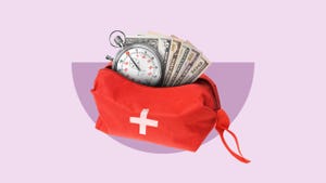 First aid kit with a timer and American dollars stick out. Against a dark purple semicircle on a light purple background.