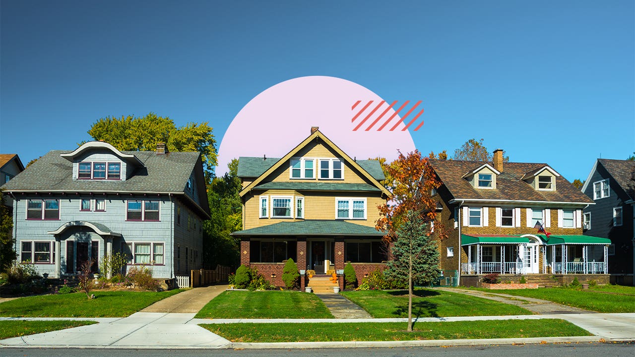 Illustrated collage featuring a view of houses from the street