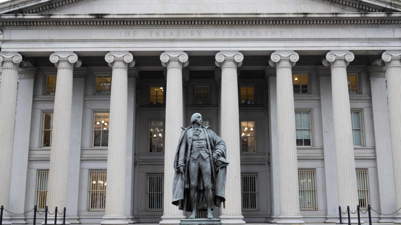The US Treasury Department building is seen in Washington, DC