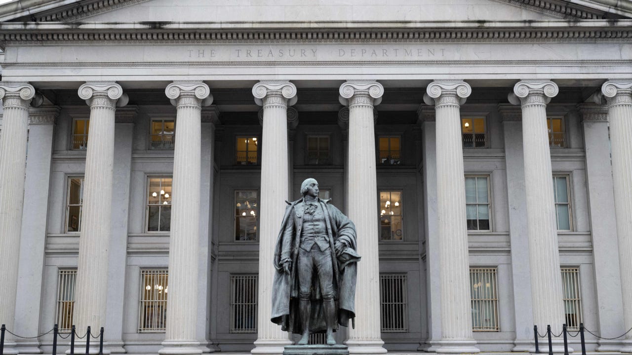 The US Treasury Department building is seen in Washington, DC