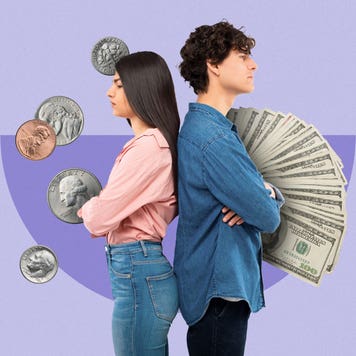 Woman and man standing back to back, spare coins on the side of the woman and large value bills on the side of the man