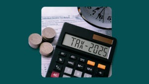 Photo illustration shows a calculator with a tax return, a clock and money.