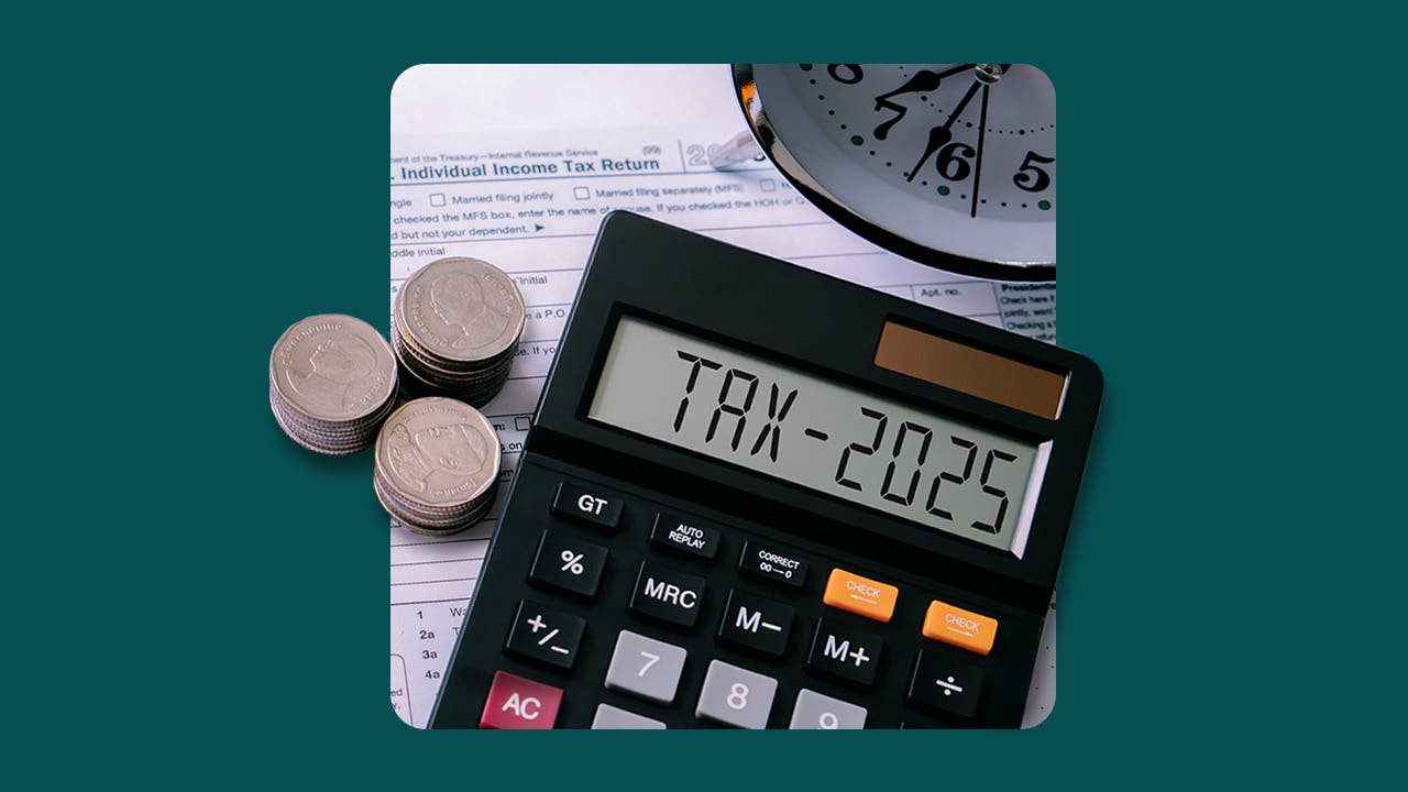 Photo illustration shows a calculator with a tax return, a clock and money.