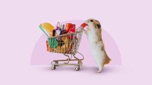 Hamster pushes shopping cart full of items that might be subject to a consumption tax.