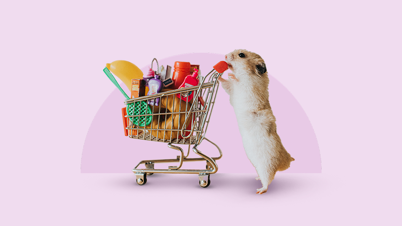 Hamster pushes shopping cart full of items that might be subject to a consumption tax.