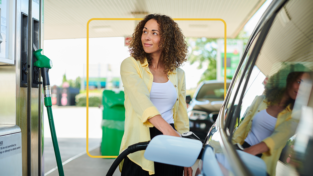 Woman pumps gas into her car. There are federal and state excise taxes on gasoline.