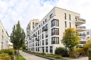 residential apartment building with green space outside