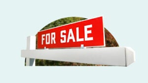 stylized "for sale" sign outside a house