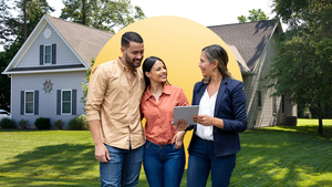 real estate agent showing a couple a listing on a tablet with yellow circle behind them
