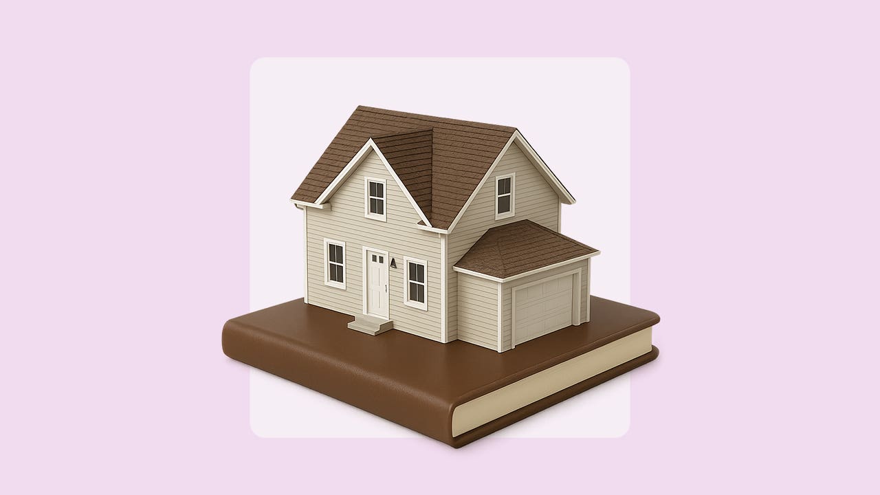 photo illustration of a house on top of a book, pink background