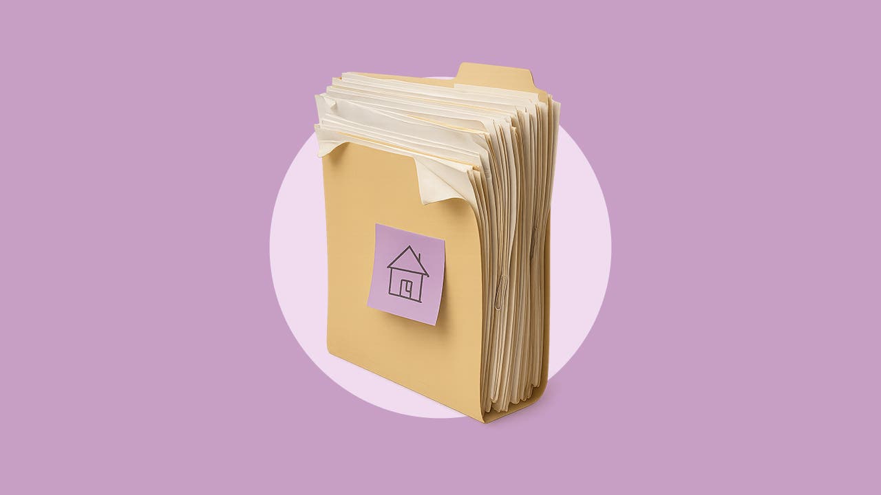 thick file folder full of documents, light purple background