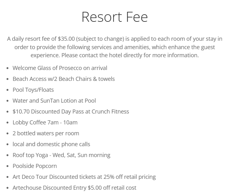 Resort fee description from Dream South Beach hotel