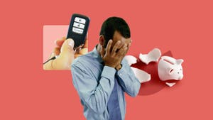 A frustrated Black man dressed in business casual clothes holds his head in his hands. Image is on top of a broken piggy bank and a close-up of a car key fob.