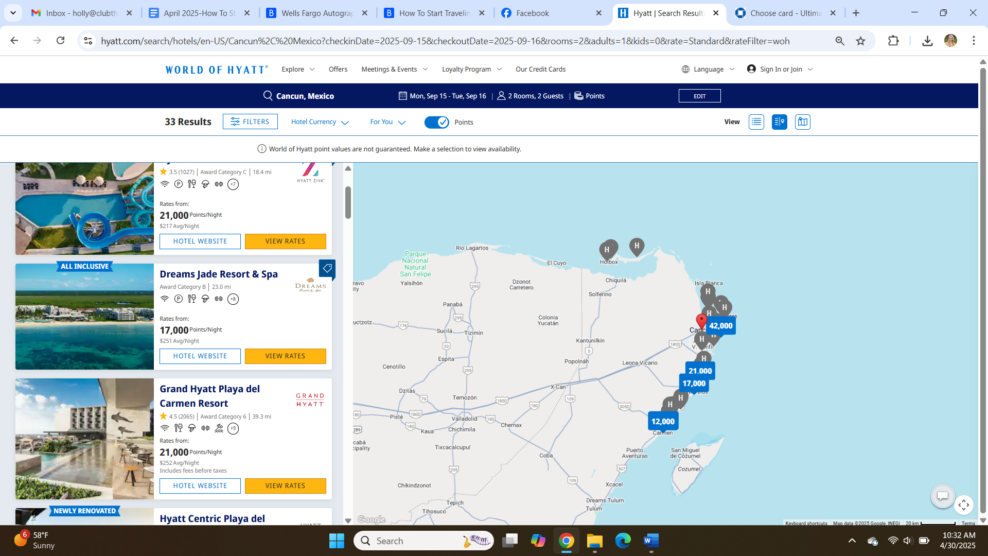 Screenshot of World of Hyatt hotel options