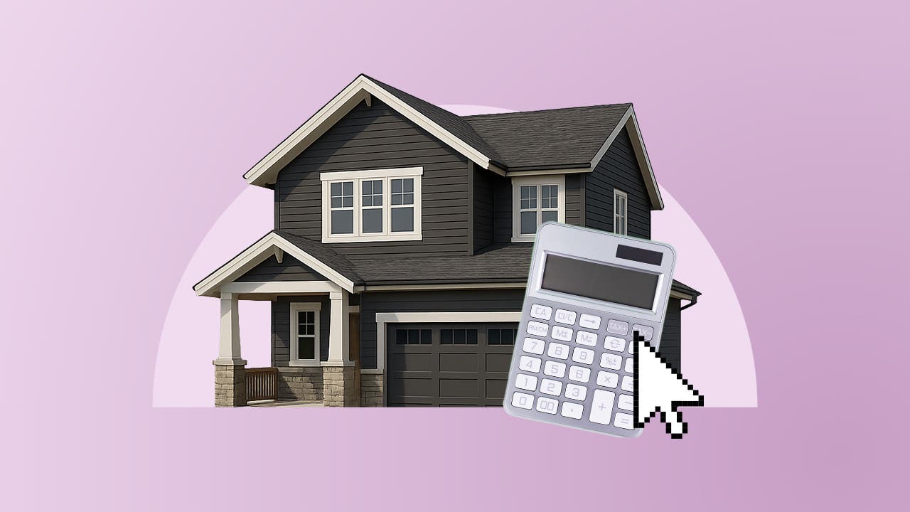 photo illustration of house with calculator, purple background