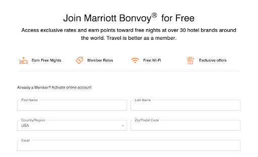 Screenshot of Marriott Bonvoy website displaying sign up form