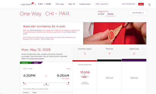 Screenshot of Chicago to Paris flight on Virgin Atlantic website.