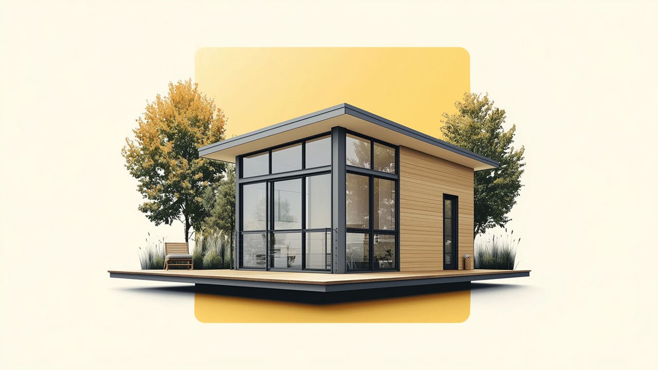 Modern house with a yellow square behind it and more pale yellow background behind that.