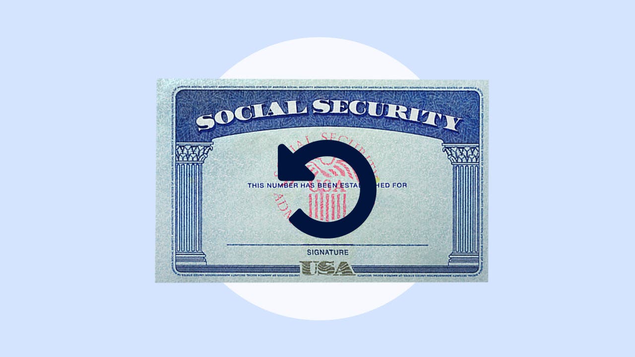 A Social Security card with a "redo" symbol on it.