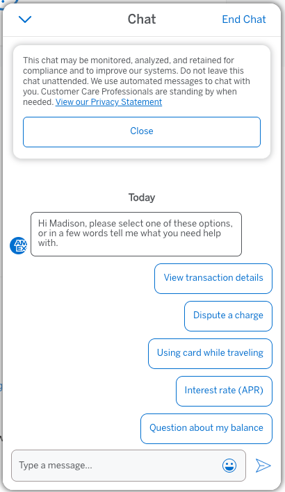 Screenshot of Amex Chat feature