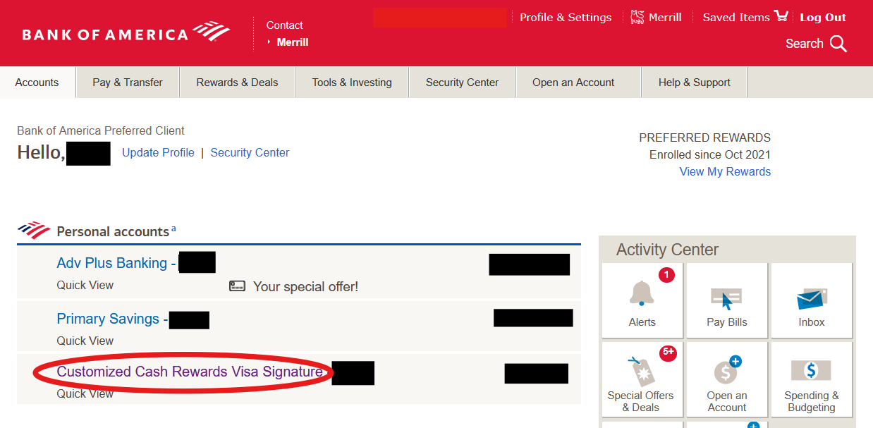 Bank of America's login home screen