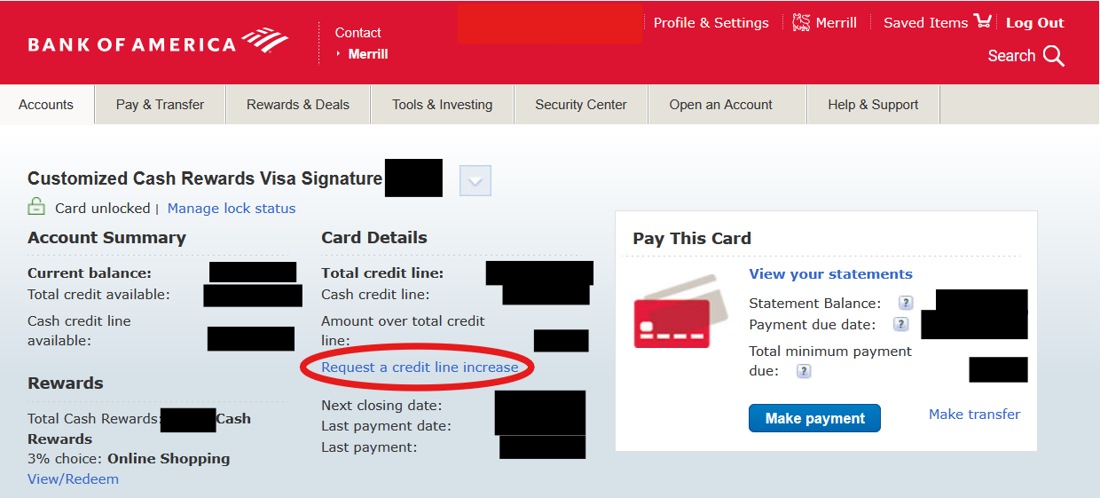 Bank of America credit card account page