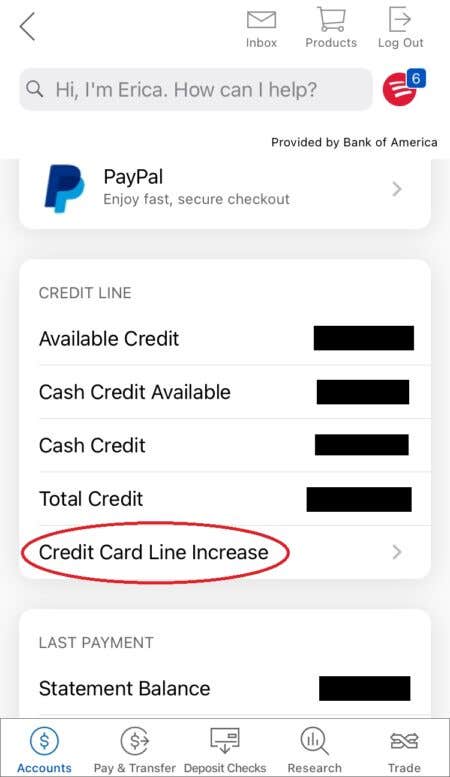 Screenshot of Bank of America's mobile app "credit line" section