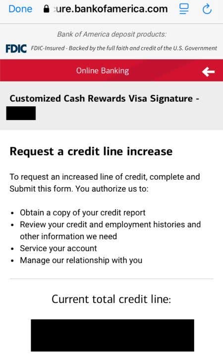 Bank of America "Request a credit line increase" form on mobile