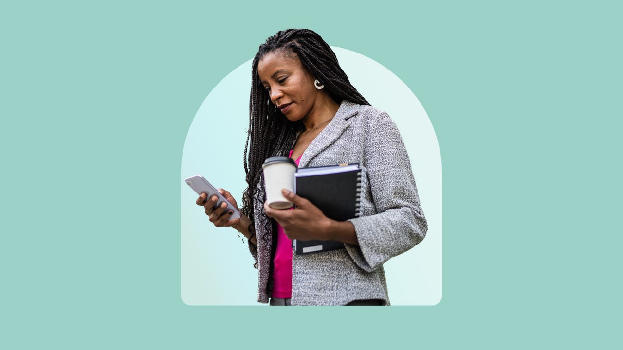 Design element with woman holding a cellphone in one hand, and a coffee cup and binder in the other.