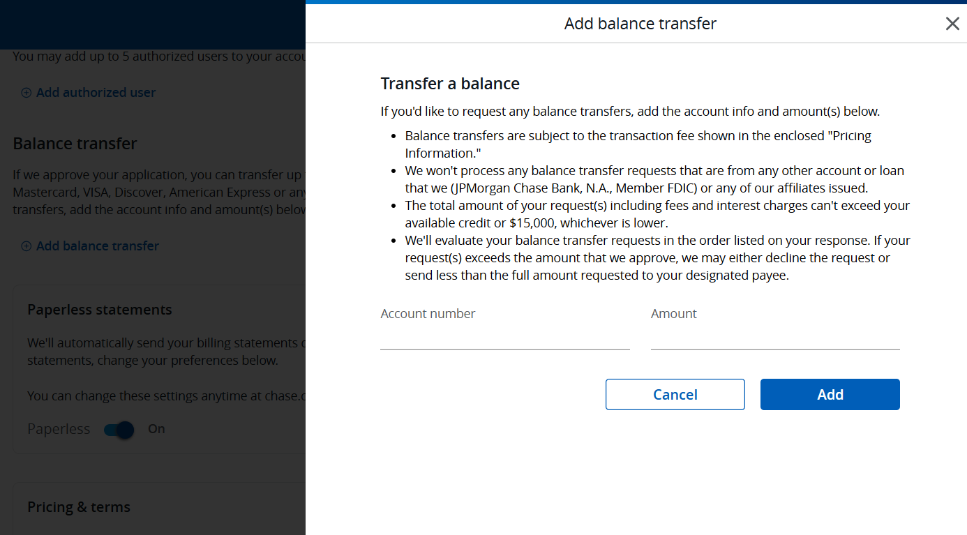 Screenshot showing the option to add balance transfers to a Chase credit card application.
