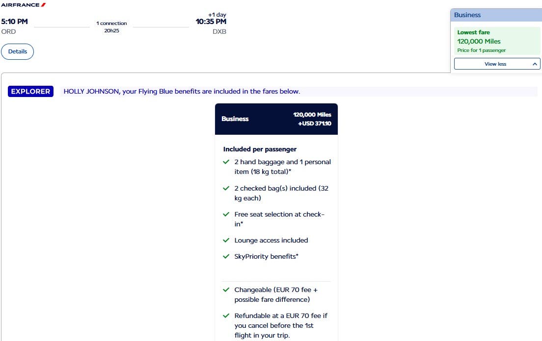 Screenshot of a purchase page for miles