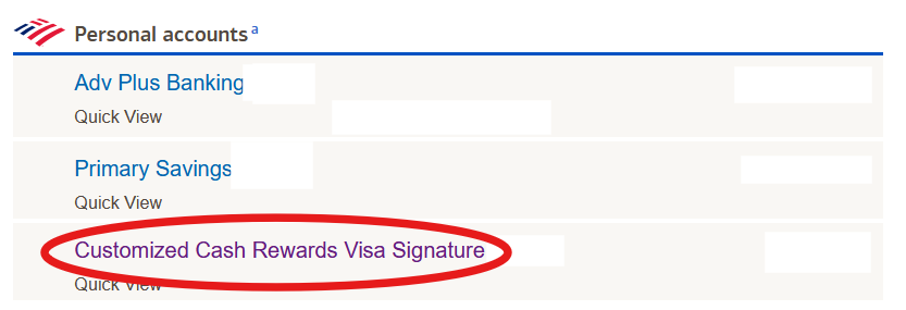 Online dashboard for Bank of America accounts with the credit card account circled