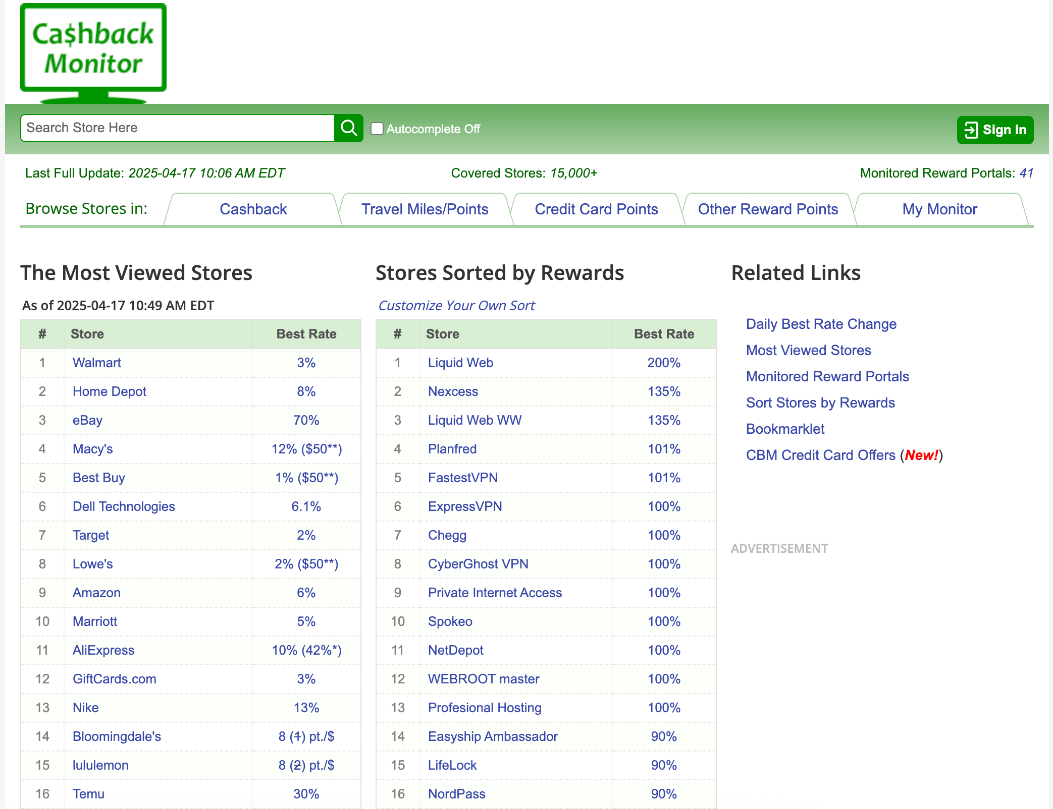 Screenshot from Cashback Monitor homepage