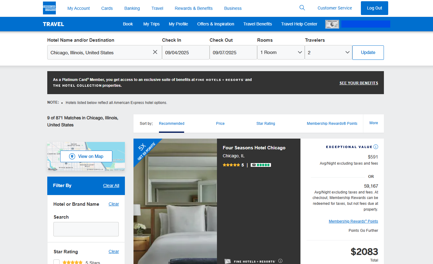 Webpage showing search result for a hotel in Chicago in the Amex Fine Hotel + Resort booking tool.