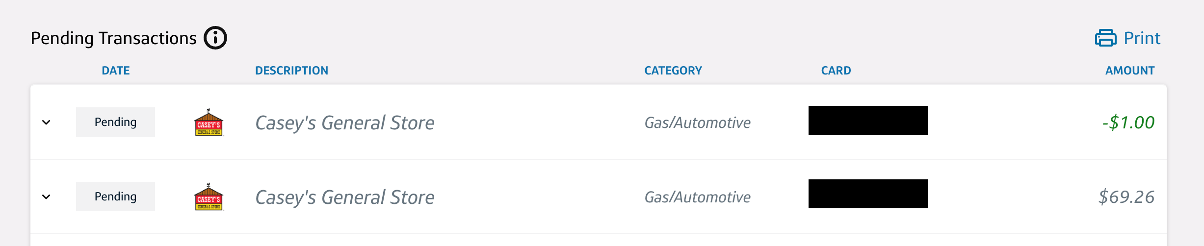 Screenshot of pending credit card transactions
