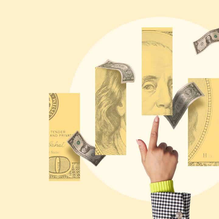 Design element of a hand pointing at U.S. currency