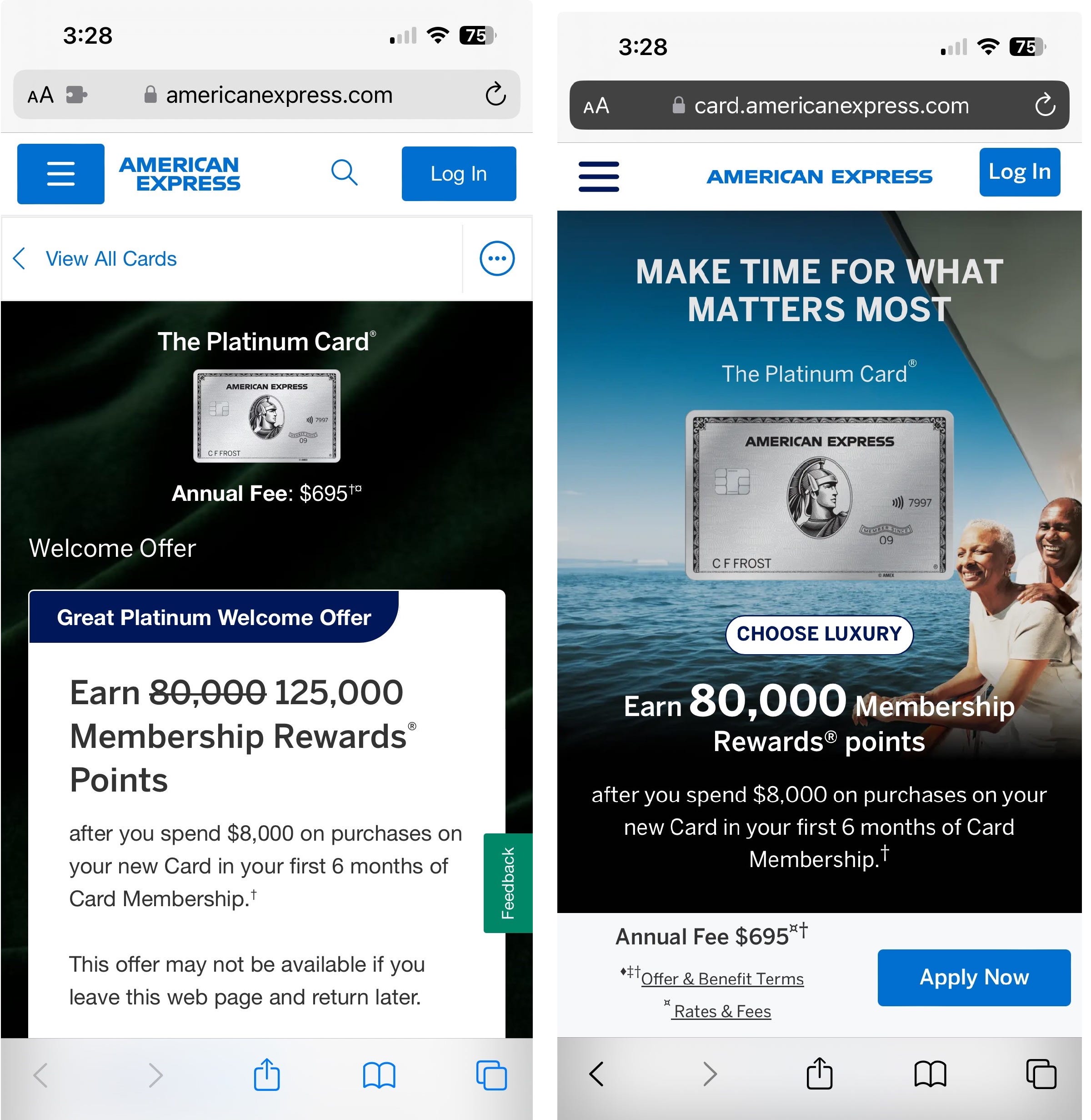 Example of different Amex offers at the same time.