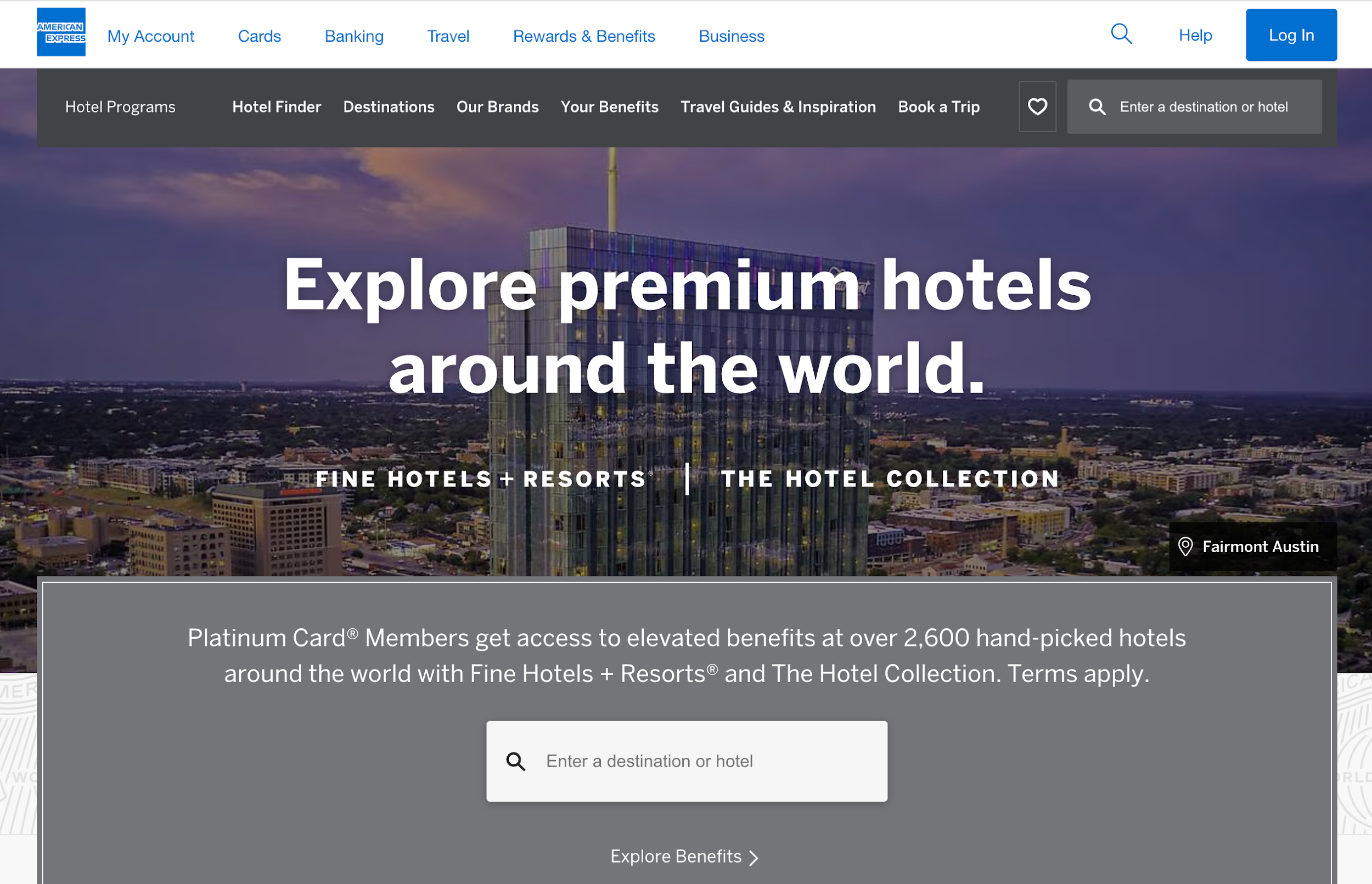 Screenshot of the American Express Fine Hotels + Resorts landing page.